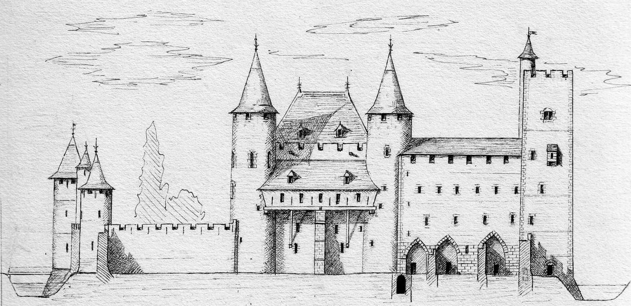 Essai de reconstitution de l'aspect du bâtiment au XIIe siècle, côté Loing par Paul BOUEX