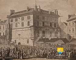 30 juin 1789, le peuple délivrant la Garde Française  dans l'a - Gravure de Pierre Gabriel Berthault selon un dessin de Jean Louis Prieur . Actuellement au musée Carnavalet Abbaye Saint Germain Des Pres Garde Francaise Revolution 30 Juin 1789