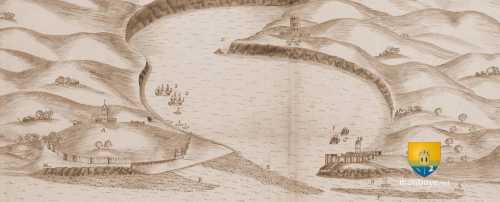Plan de Salé, en B les Oudayas de Rabat, en C la tour Hassan, en A la ville de Salé aujourd&#039;hui. 1680